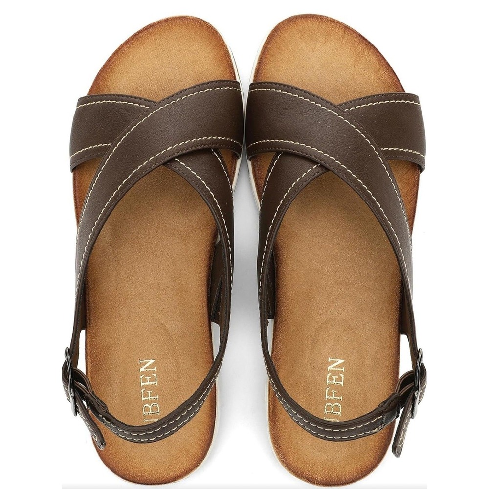UBFEN Womens Slingback Sandals Brown Criss Cross Comfort Flat Shoes Adjustable